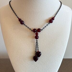 Vintage Late 90s Black and Garnet-Colored Round Beads + Hearts Pendant Necklace